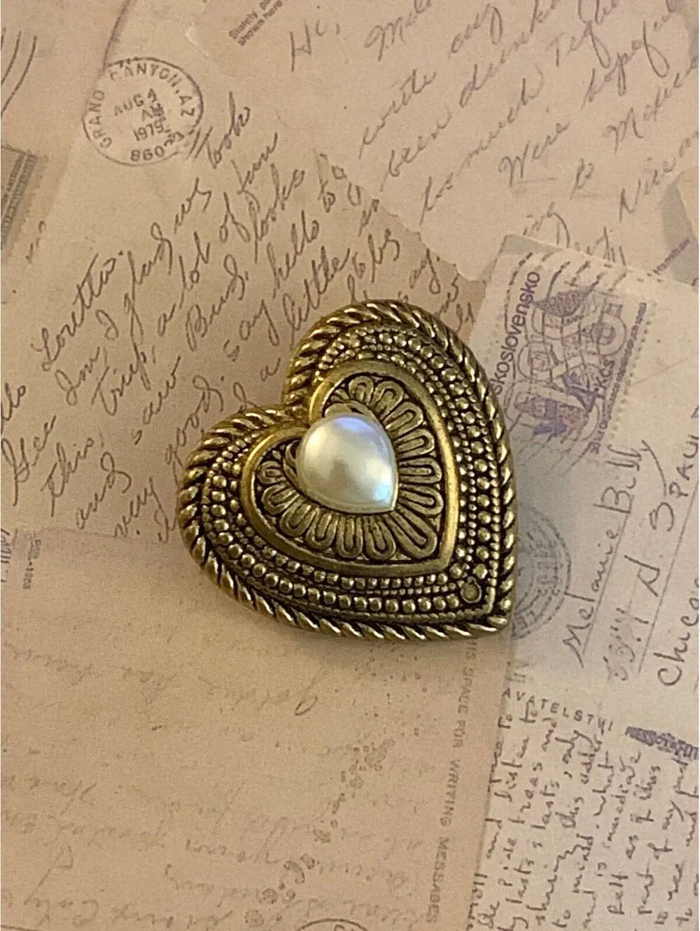 Vintage Signed Taiwan Heart-Shaped Antique Style Brooch with Faux Pearl Accent